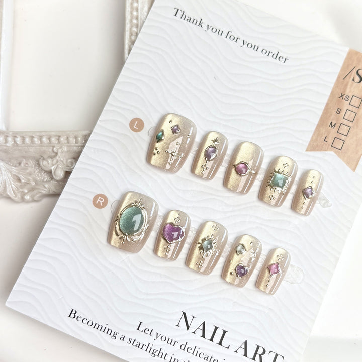 Decorative Press-On Nail Set with Gemstone Accents