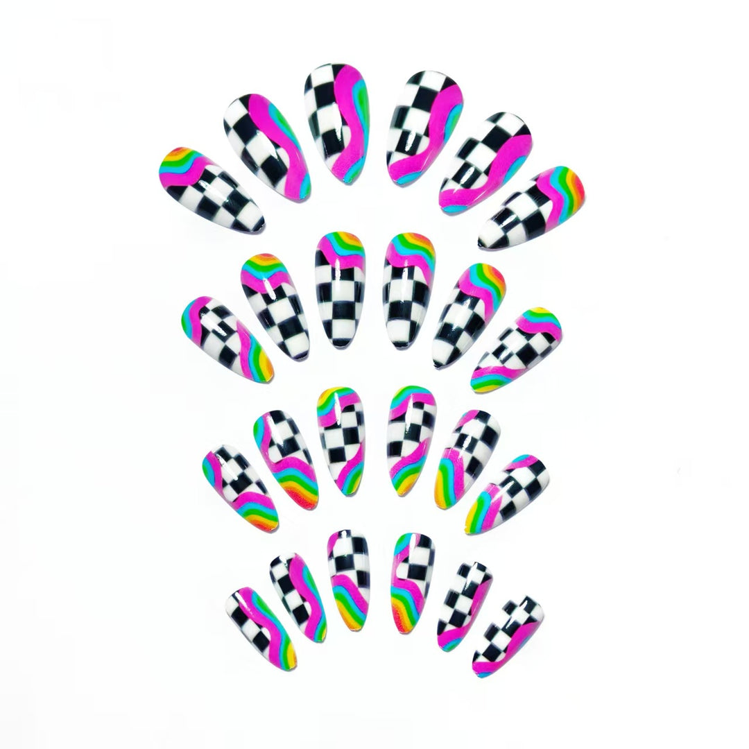 Creative artificial nails with colorful wave and checkerboard design Stornfield