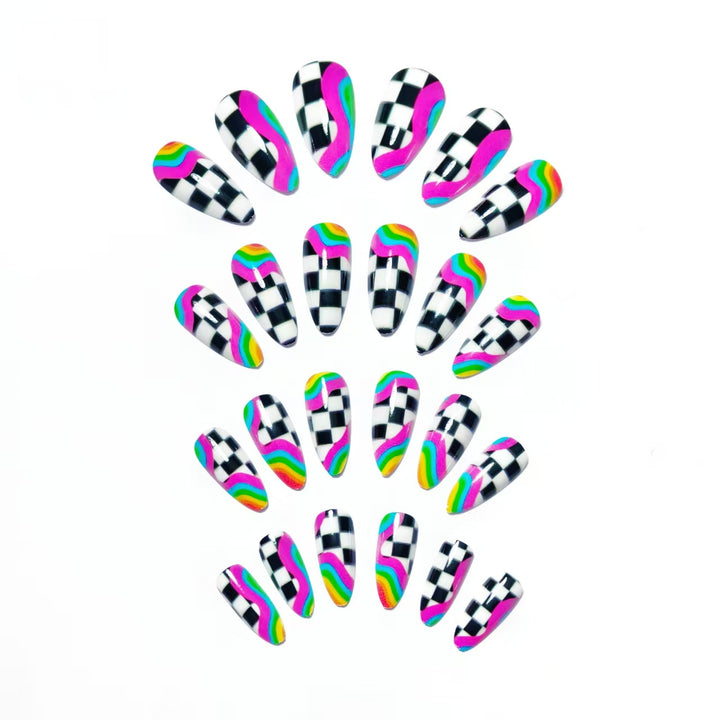 Creative artificial nails with colorful wave and checkerboard design Stornfield
