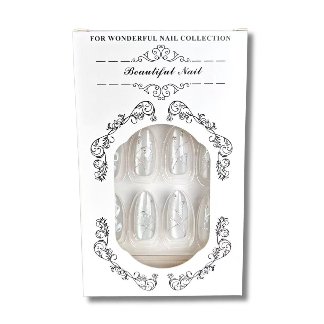 Decorative Press-On Nail Set with Elegant Silver Design