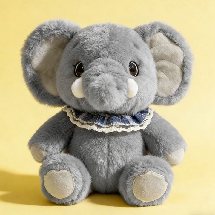 Plush Elephant Sitting Cuddler with Lace-Trimmed Plaid Collar & Bean-Fill Base Stornfield