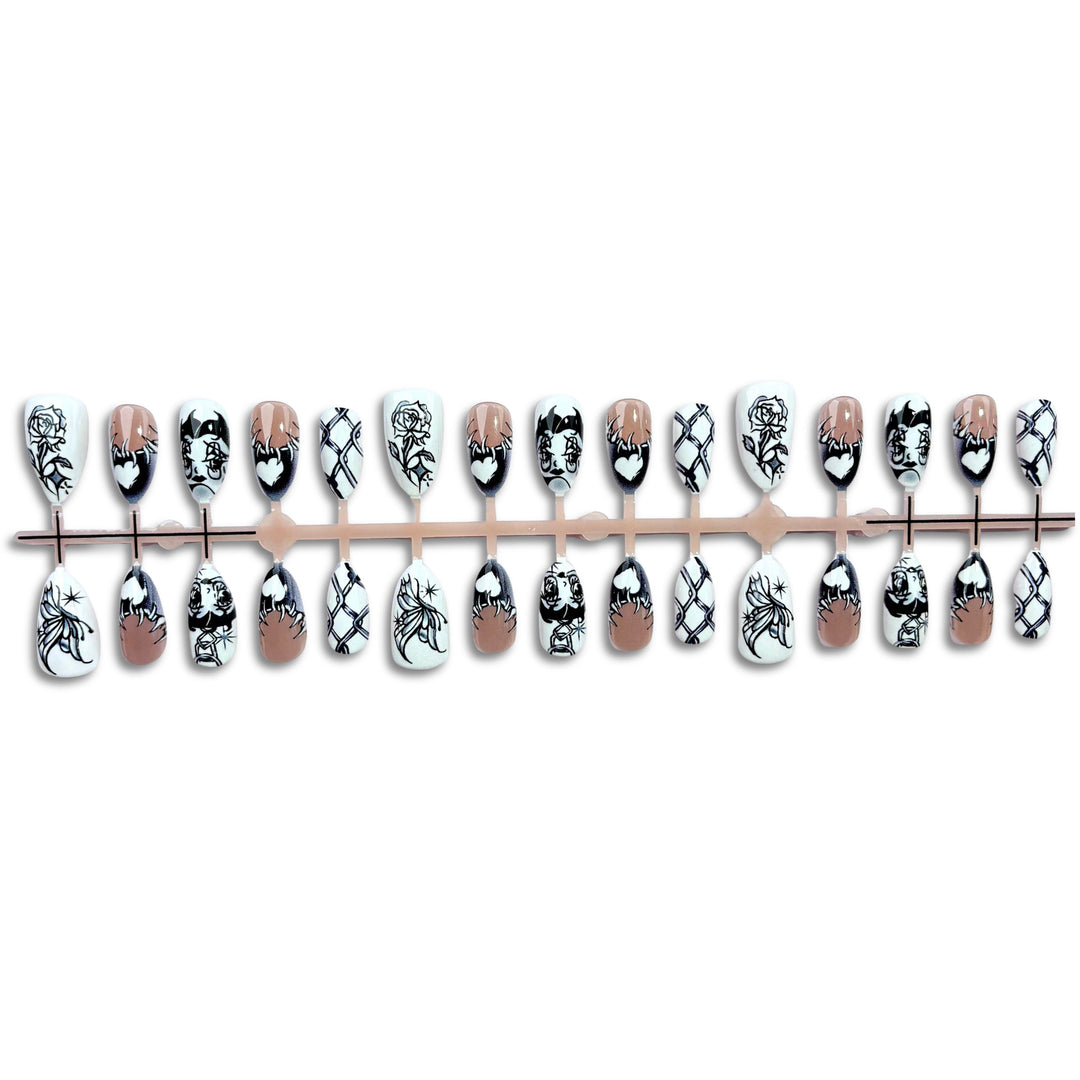 Artistic Press-On Nail Art Set with Unique Graphic Designs