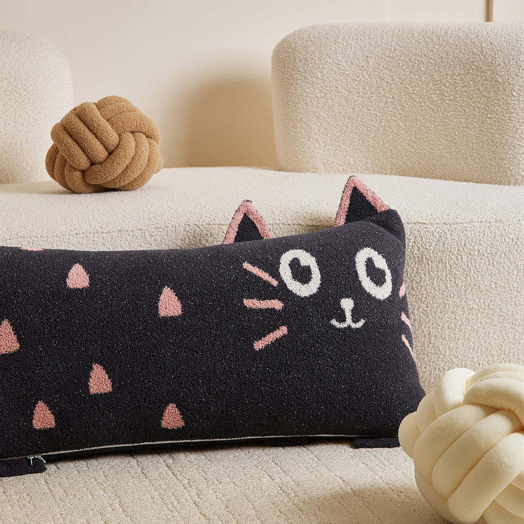 Extra-Long Plush Cat-Shaped Bolster Pillow with Sherpa Cover
