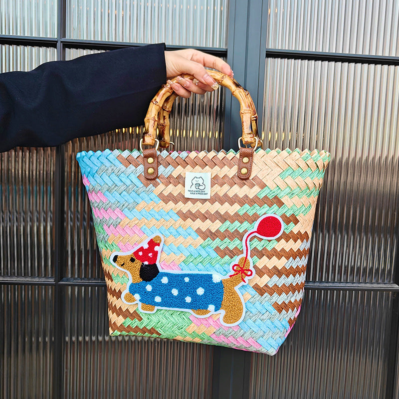 Handcrafted basket bag with colorful animal design Stornfield
