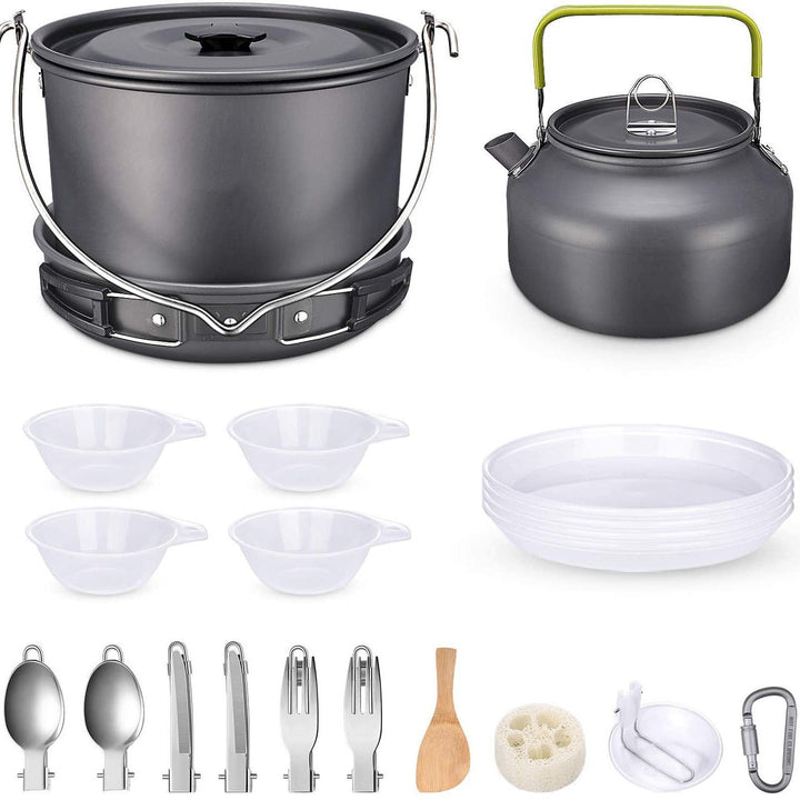 ultralight anodized aluminum camping cookware set with folding-handle kettle nesting pot and compact utensil kit Stornfield