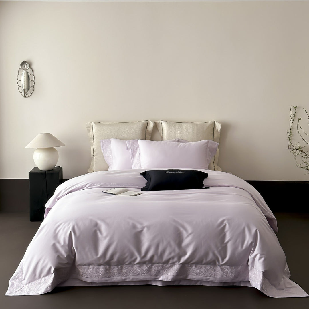 Luxury Satin-Feel Reversible Duvet Cover Set with Embroidered Hem and Pillow Shams