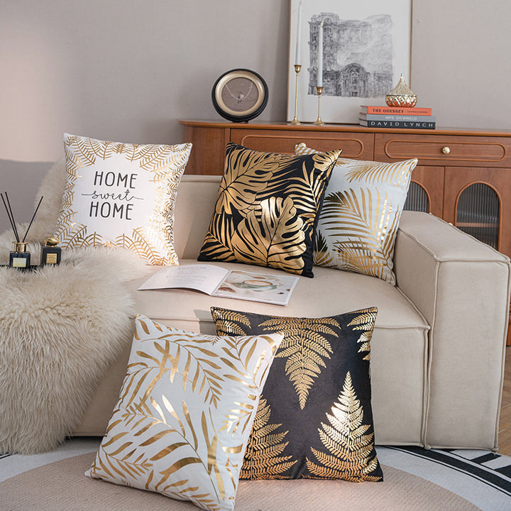 Decorative Square Throw Pillow Cover with Gold Foil Leaf Border and 'Home Sweet Home' Script