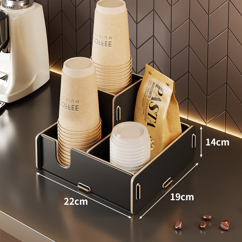 Modular Bamboo Countertop Coffee Station Organizer with Multi-Compartment Cup Lid and Straw Dispensers