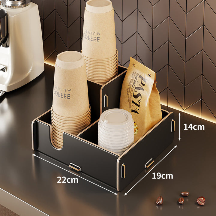 Modular Bamboo Countertop Coffee Station Organizer with Multi-Compartment Cup Lid and Straw Dispensers