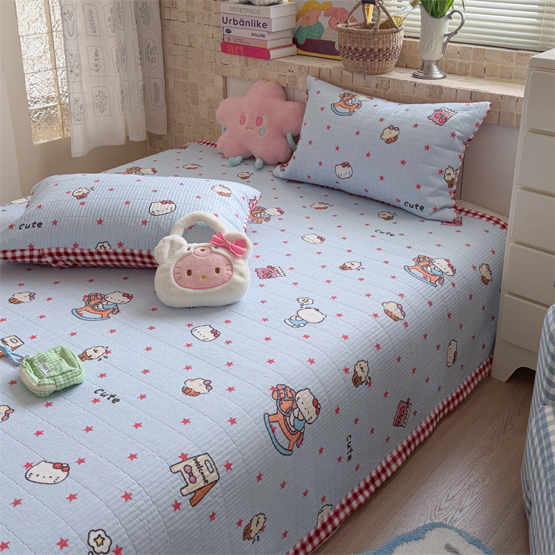 Quilted Cotton Toddler Bed Coverlet Set with Playful Dog and Flower Print and Gingham Trim