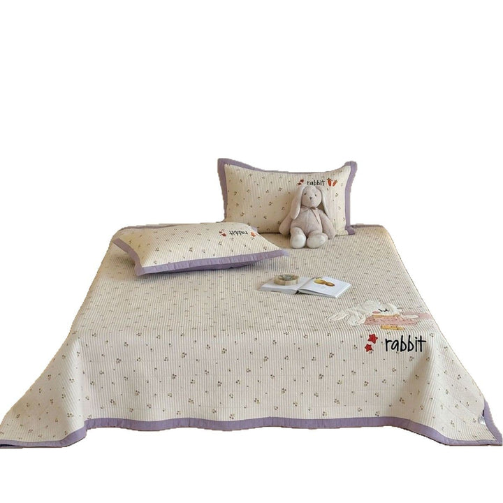 Quilted Cotton Bedspread and Pillow Sham Set with Embroidered Rabbit and Carrot Appliqué
