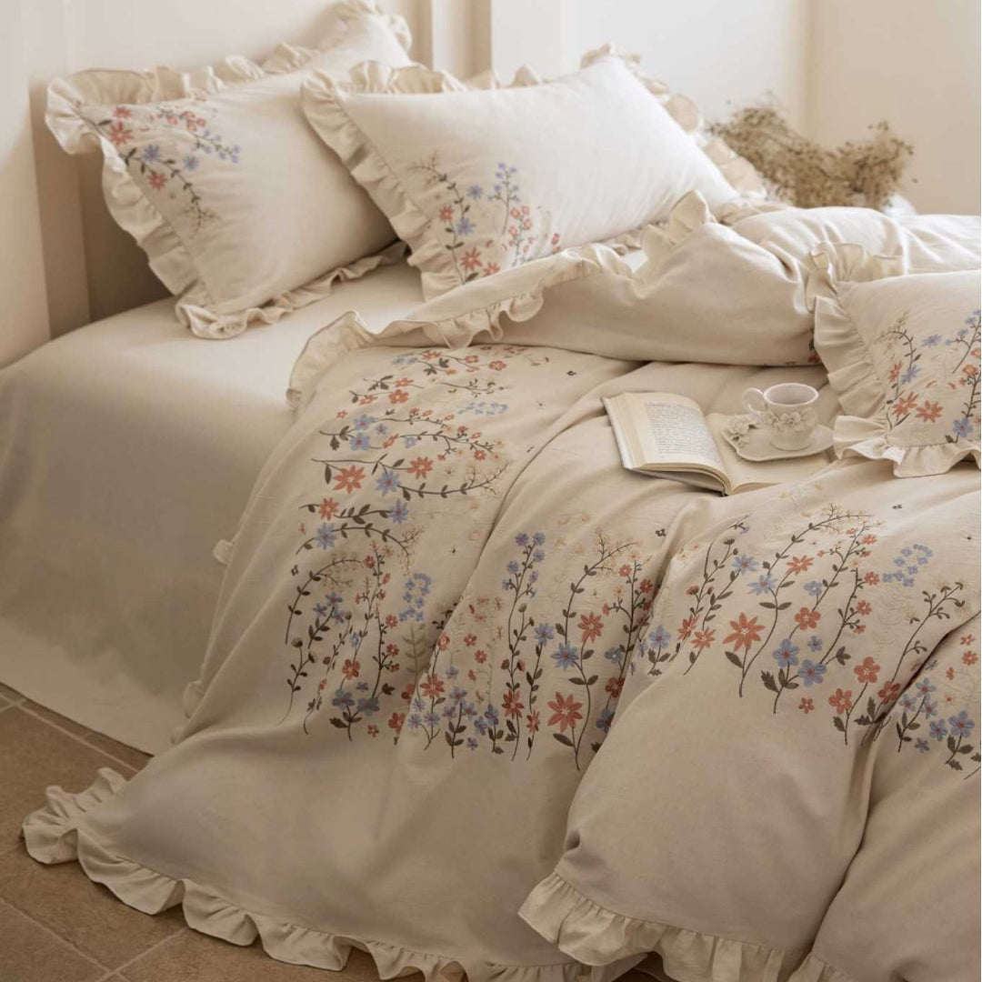 Floral Embroidered Ruffled Duvet Cover Set with Frilled Edge and Pillow Shams