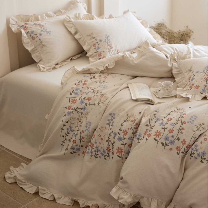 Floral Embroidered Ruffled Duvet Cover Set with Frilled Edge and Pillow Shams