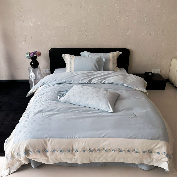 Elegant Satin-Feel Embroidered Duvet Cover Set with Bow-Tie Shams