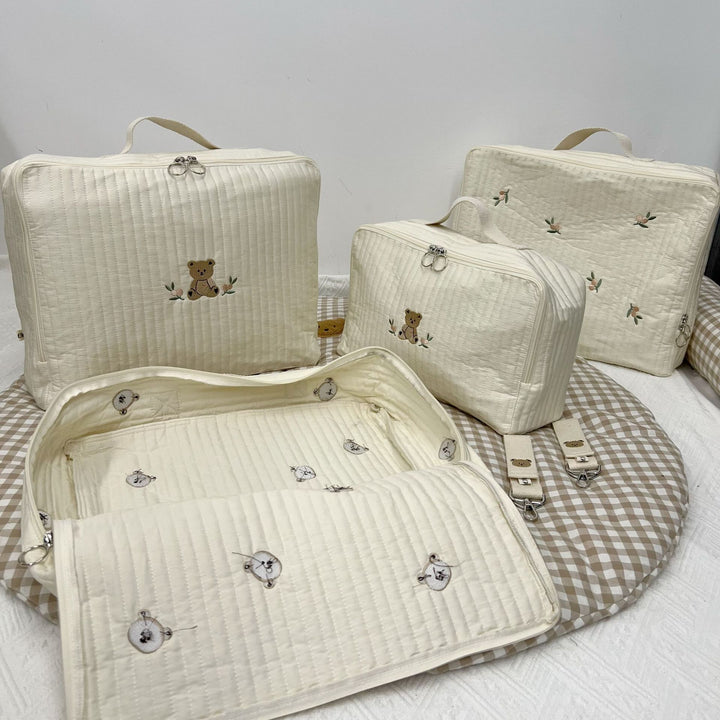 Quilted Portable Baby Mattress Carry Case with Handle and Embroidered Fruit Motif
