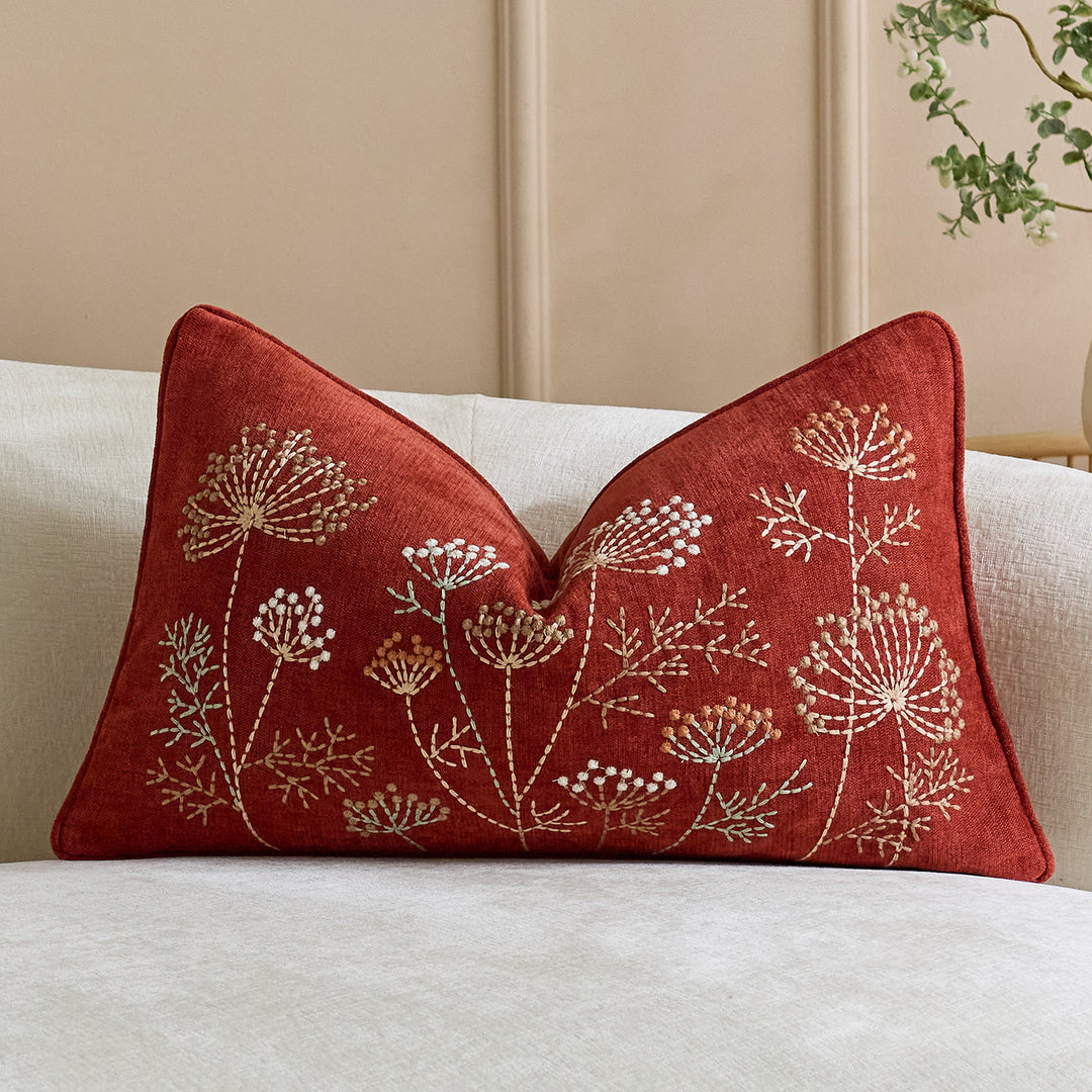 Square Embroidered Botanical Linen-Blend Accent Pillow Cover with Hidden Zipper