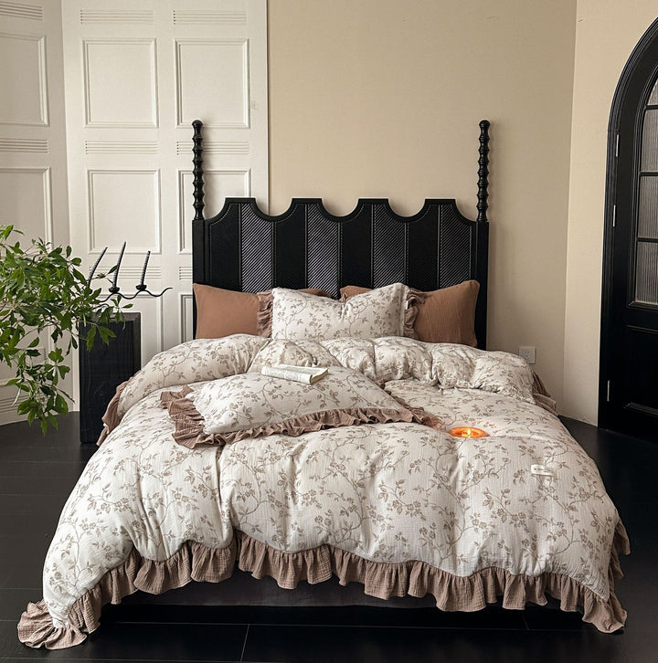 Crinkled Cotton Ruffled Duvet Cover Set with Floral Textured Finish & Frilled Shams
