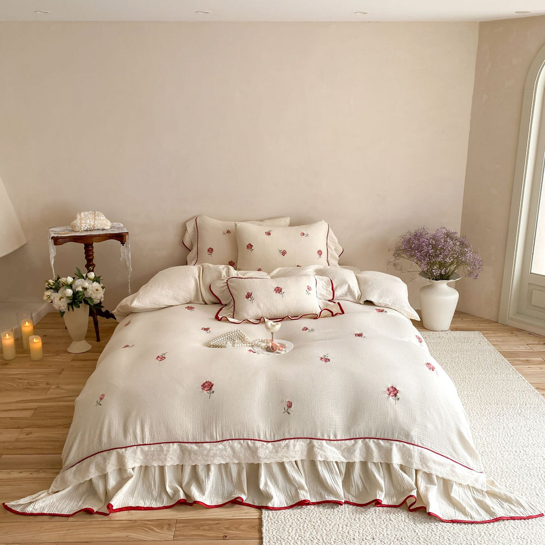 Floral Embroidered Ruffled Cotton Duvet Cover Set