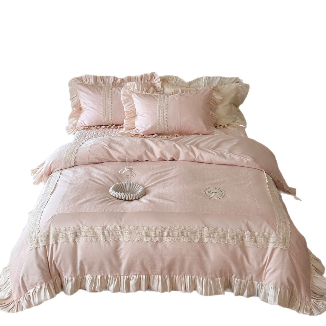 Ruffled Lace-Trimmed Satin-Accent Duvet Cover Bedding Set