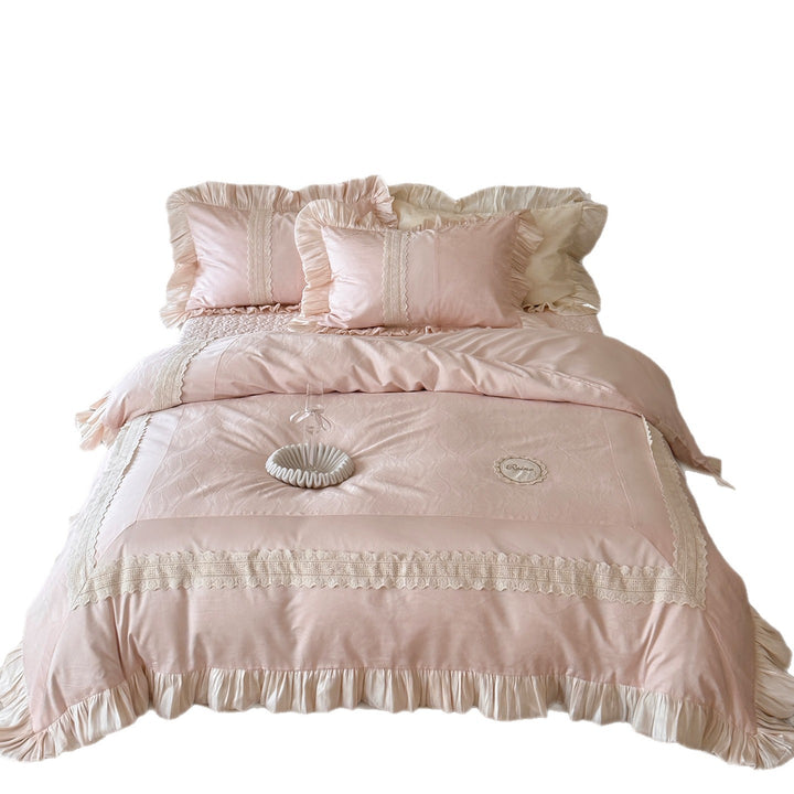 Ruffled Lace-Trimmed Satin-Accent Duvet Cover Bedding Set