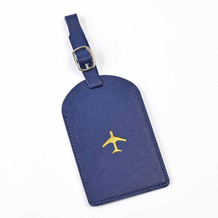 premium leather luggage tag with adjustable buckle strap and embossed airplane Stornfield