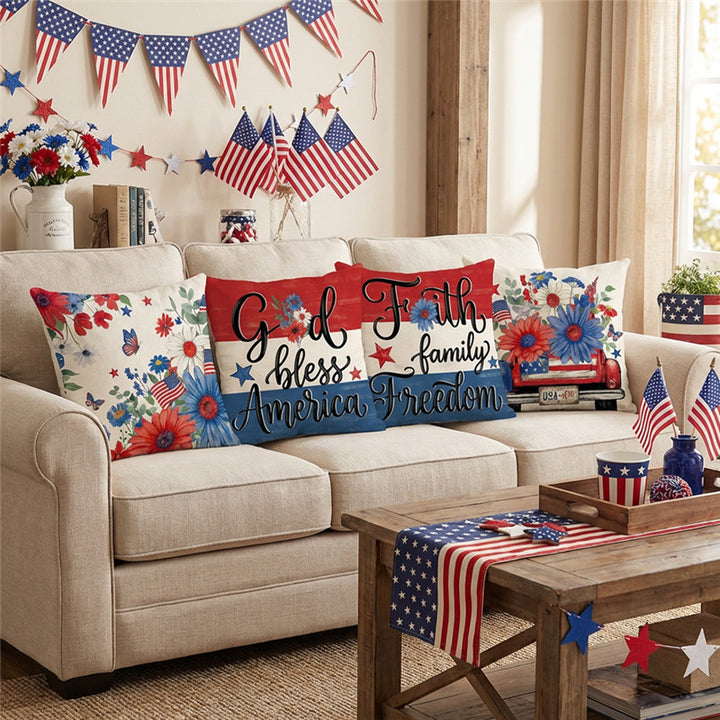 Patriotic Decorative Throw Pillow Cover with Script Typography and Floral Accent