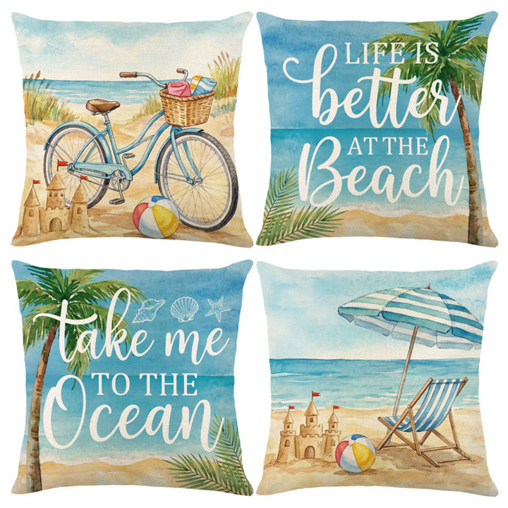 Scenic Watercolor Beach Bicycle Linen Pillow Cover with Basket & Sandcastle Illustration
