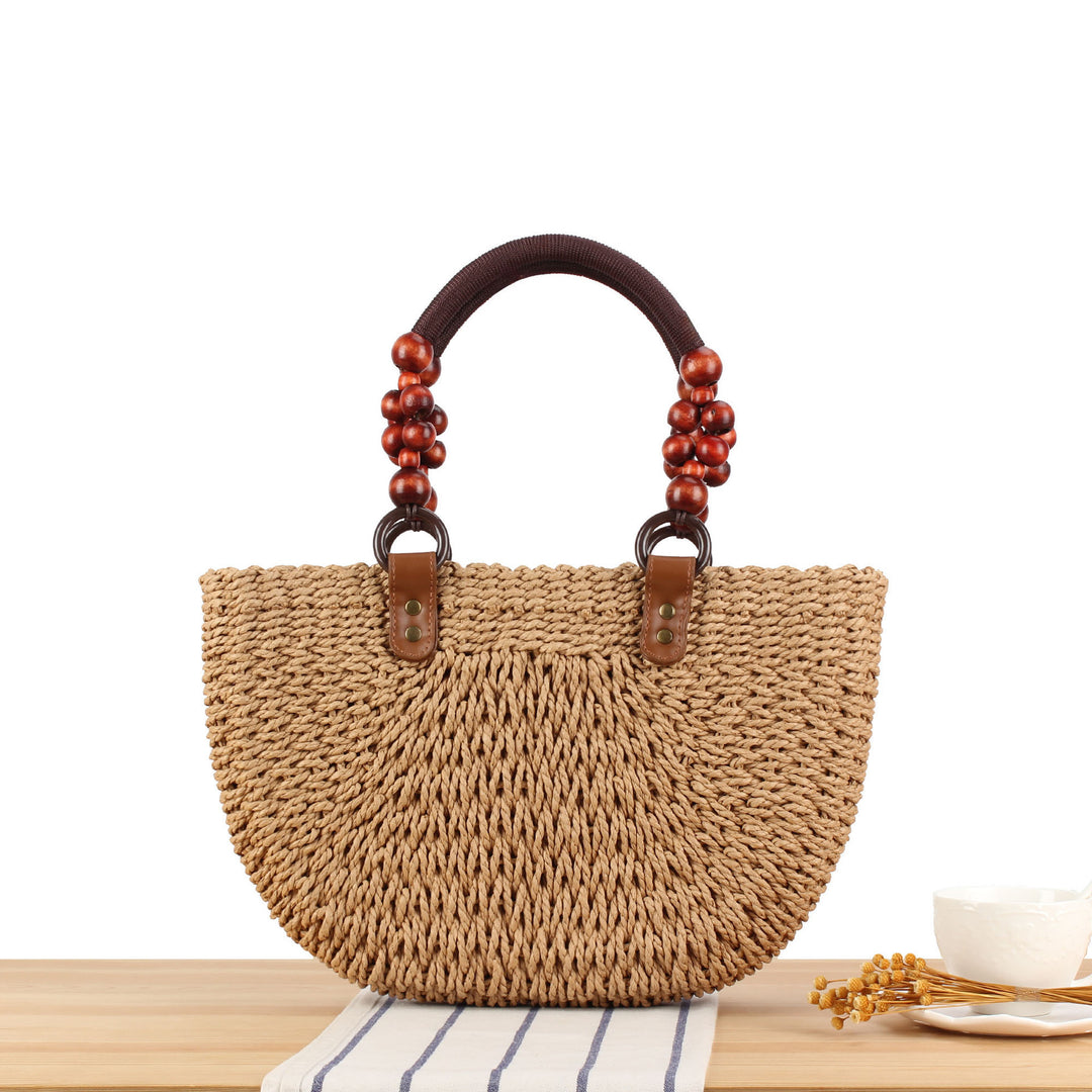 Handbag with Decorative Wooden Beads and Natural Wicker Stornfield