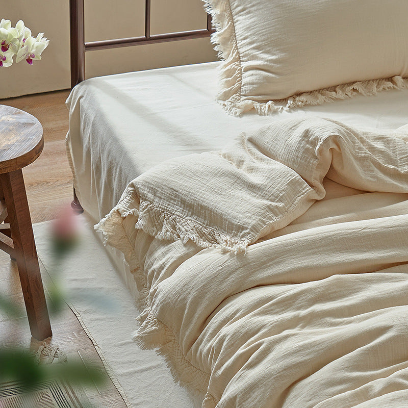 Cotton Gauze Fringed Duvet Cover Set with Washed Linen Texture