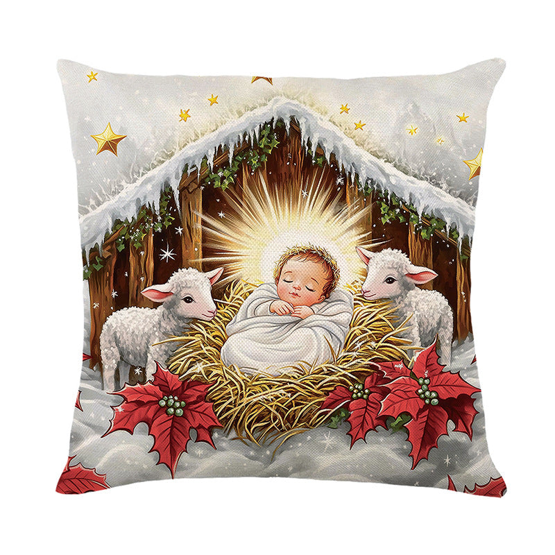 Holiday Nativity Manger Illustration Cotton-Linen Decorative Pillow Cover