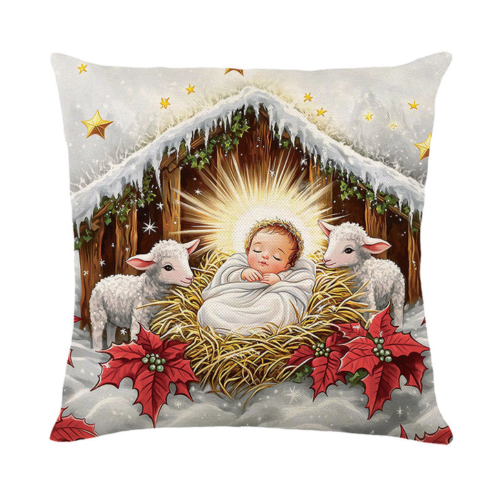Holiday Nativity Manger Illustration Cotton-Linen Decorative Pillow Cover