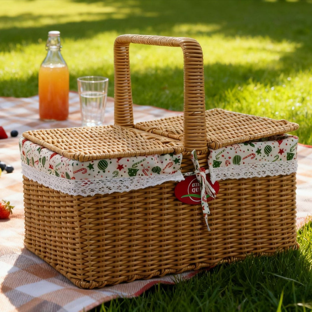 Ladies picnic basket with double compartment and decorative fabric trim Stornfield