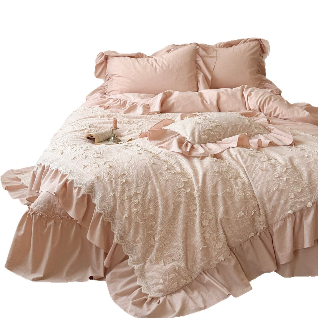 Romantic Ruffled Embroidered Cotton Duvet Cover Set with Lace Overlay & Bed Skirt