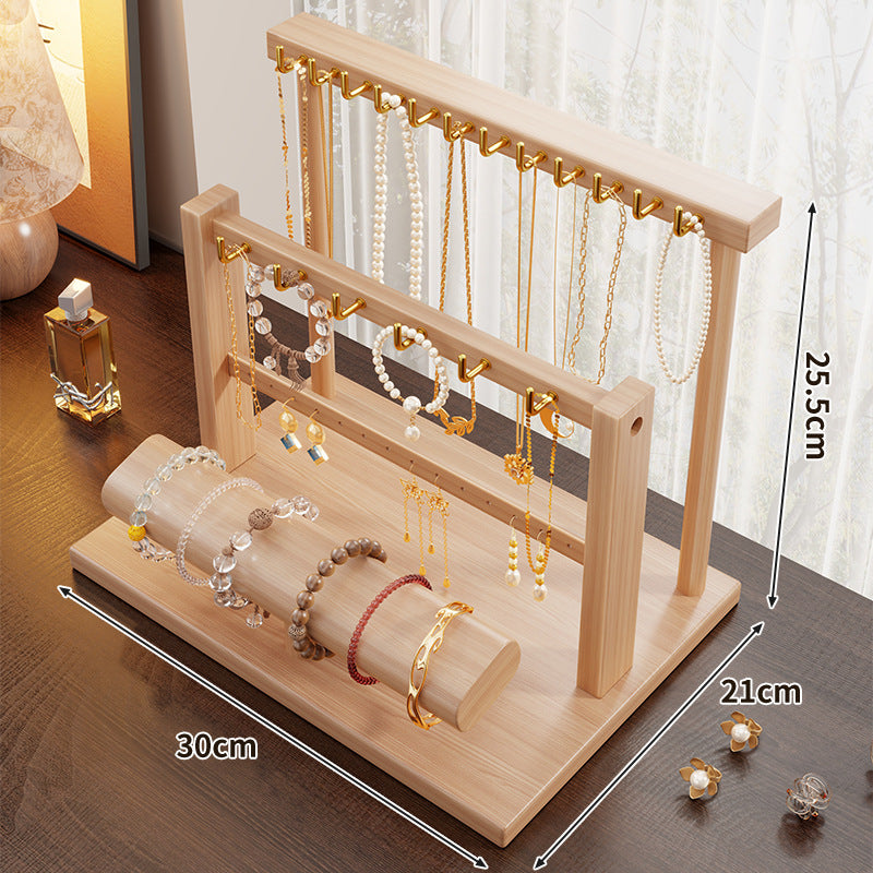 Wooden Dual-Tier Jewelry Organizer Stand with Necklace Hooks and Bracelet Display Bar