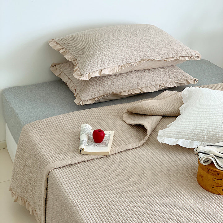 Textured Ribbed Quilted Bedspread Set with Ruffled Edge Pillow Shams