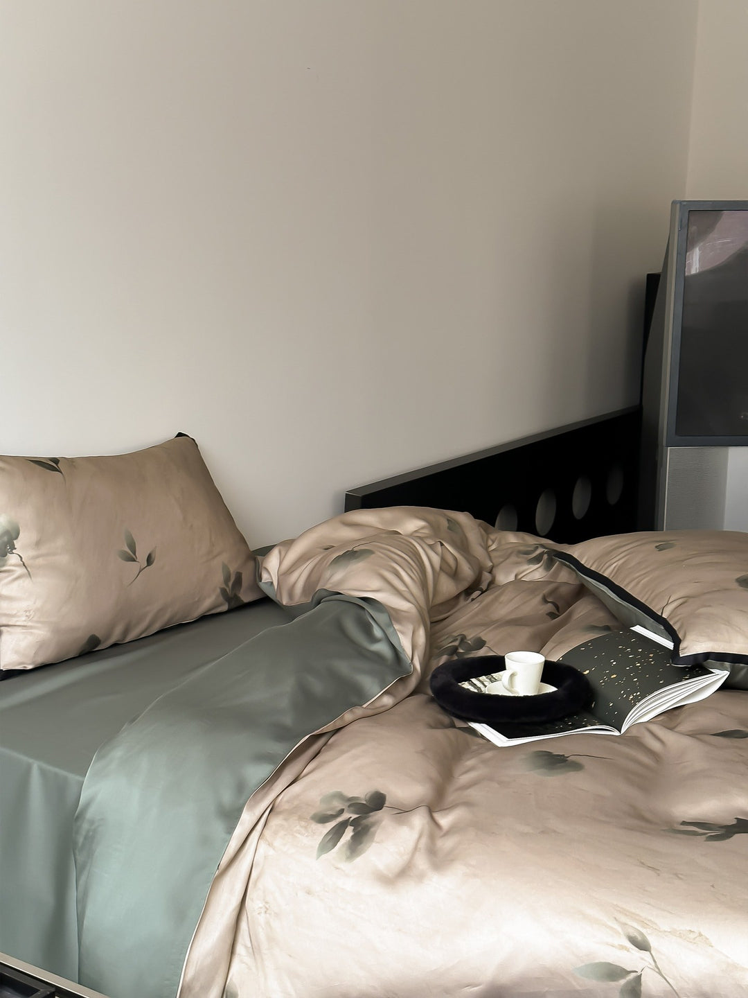 Luxury satin bedding set with floral print and elegant pillowcases