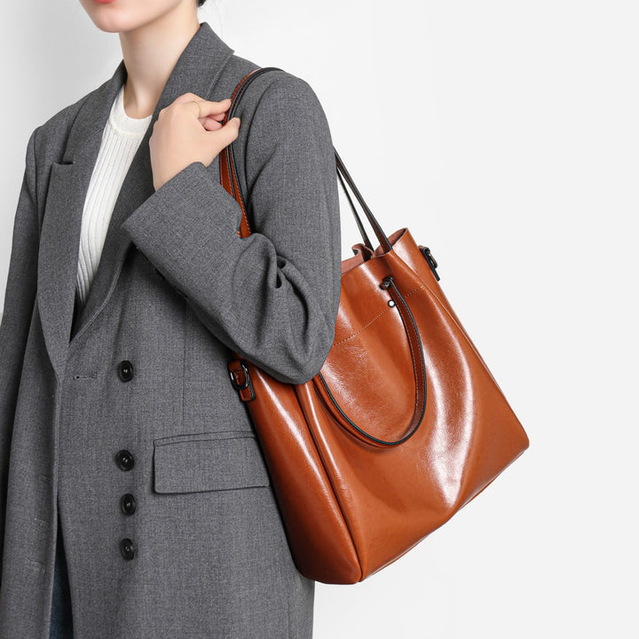 Structured Glossy Leather-Look Large Shoulder Tote with Dual Top Handles