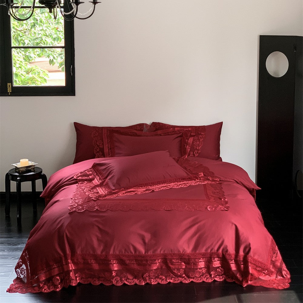 Extravagant satin bedding set with lace appliqué and pillowcases