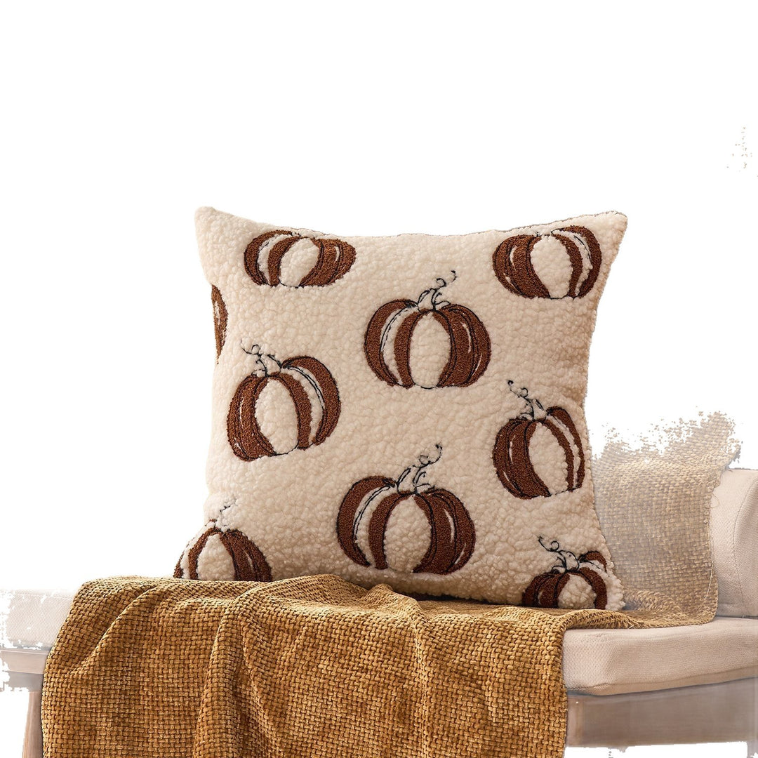 Plush Sherpa Embroidered Pumpkin Throw Pillow