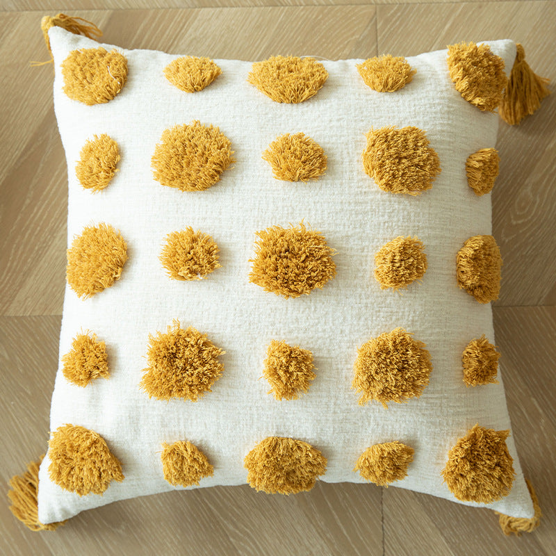 Square Textured Pom-Pom Dot Throw Pillow Cushion with Tassel Corners and Shaggy Tufted Accents