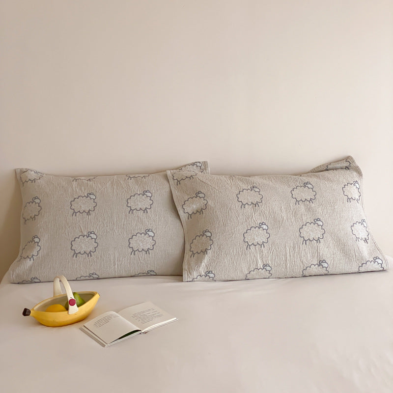 Quilted Cotton Pillowcase Pair with Embroidered Lamb Motif and Soft Crinkle Texture
