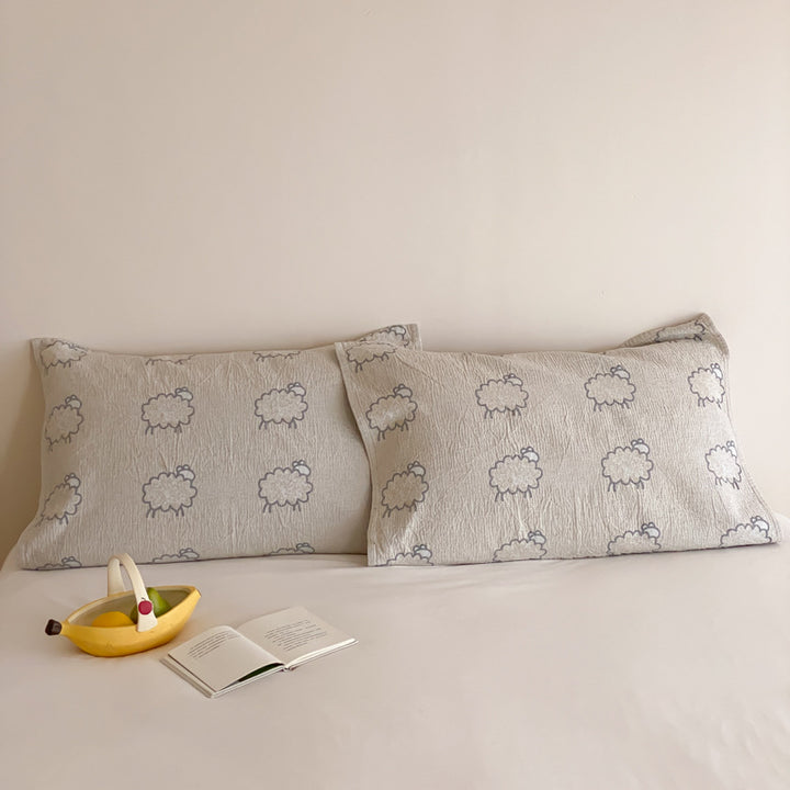 Quilted Cotton Pillowcase Pair with Embroidered Lamb Motif and Soft Crinkle Texture