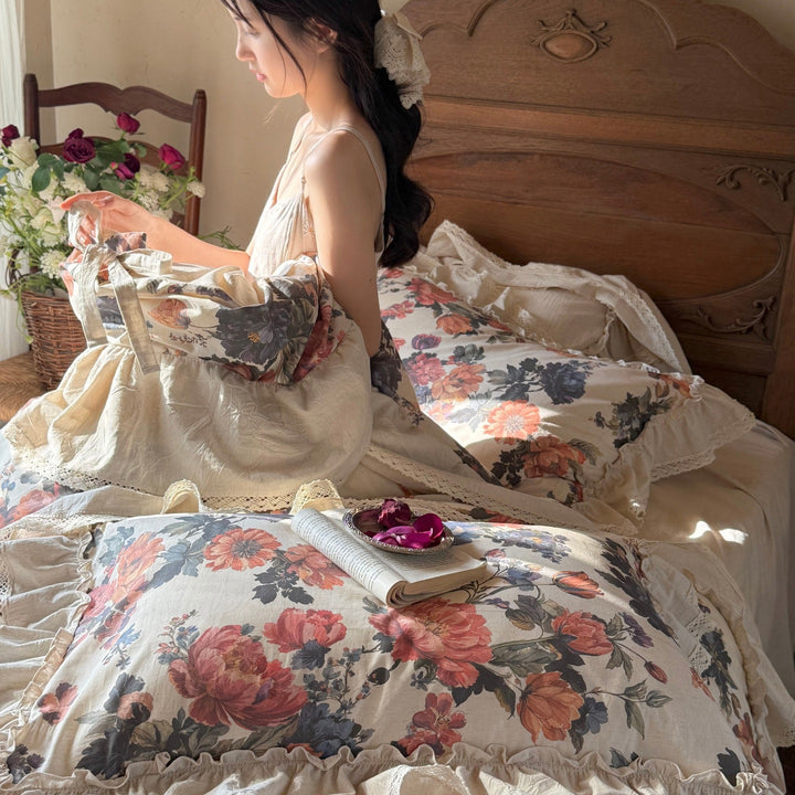 Floral Ruffled Cotton-Linen Duvet Cover Set with Lace Trim and Euro Shams