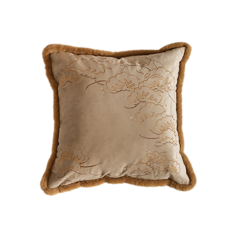 Square velvet decorative cushion with delicate floral embroidery and soft faux fur trim