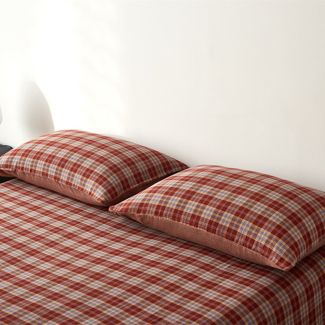 Plaid Brushed Cotton Sheet Set with Deep-Pocket Fitted Sheet & Envelope Pillowcases