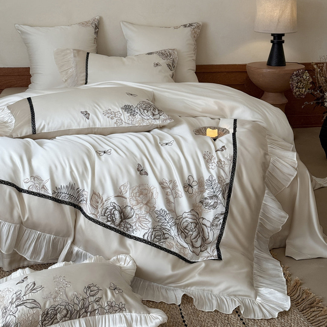 Embroidered Ruffled Satin-Look Duvet Cover Set with Floral & Butterfly Motif