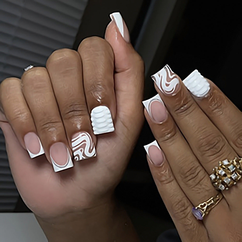 Artistic Press-On Nail Set with Marble and Textured Design Stornfield