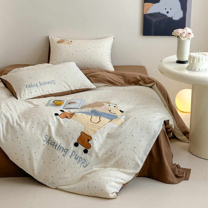 Kids Cotton Duvet Cover Set with Appliqué Bunny and Pastel Heart Print Reversible Lining