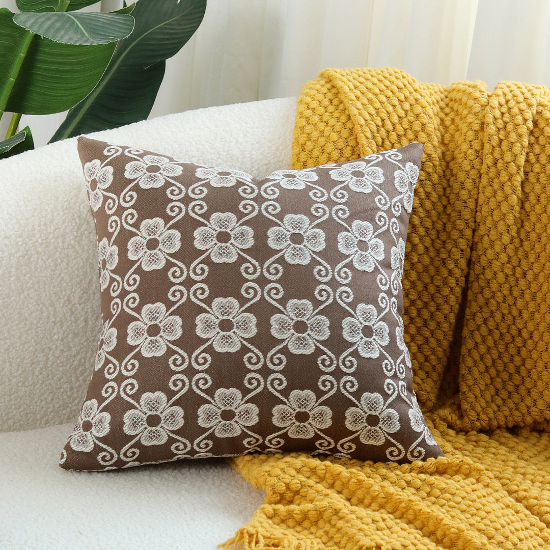 Square Embroidered Floral Jacquard Decorative Pillow Cover