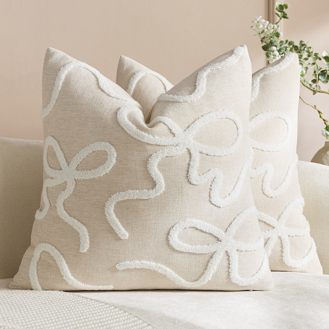 Square Textured Loop-Appliqué Linen-Blend Accent Pillow Cover